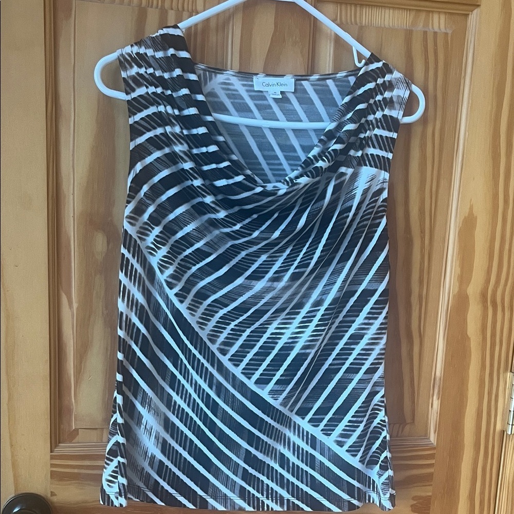 Calvin Klein Black and White Striped Drape-Neck Sleeveless Top - Size Medium